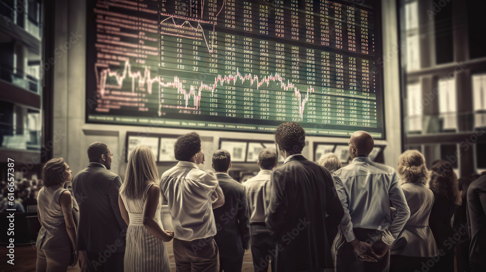 Obraz premium Stock traders from behind looking at financial graph on big screen. Equity or share trading concept. Generative AI