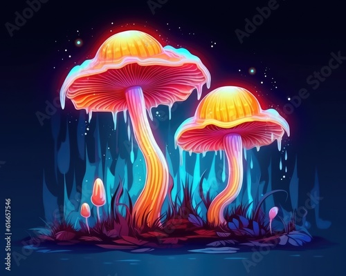 Mushrooms feature iridescent colors, neon, mercury, and petrol. (Illustration, Generative AI)