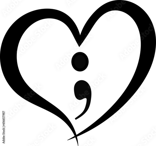 A semi colon heart tattoo design. A vector black line drawing of a heart and a semi colon inside