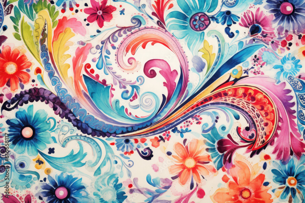 Watercolor colorful paisley pattern.