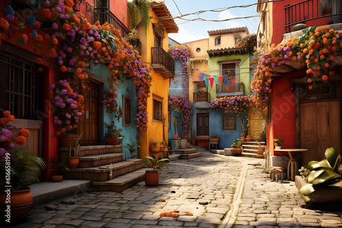 house on the street with colorful walls and plant decorations © alphazero