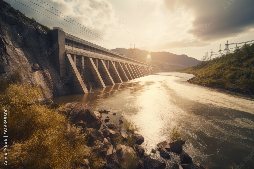 hydroelectric power plant, with view of the dam and reservoir, and sun shining through the clouds, created with generative ai