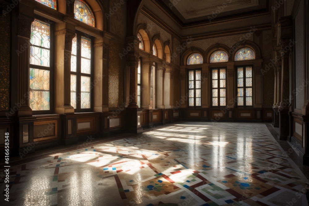 venetian palace hall, with sunlight shining through stained glass windows and onto richly colored mosaic floor, created with generative ai