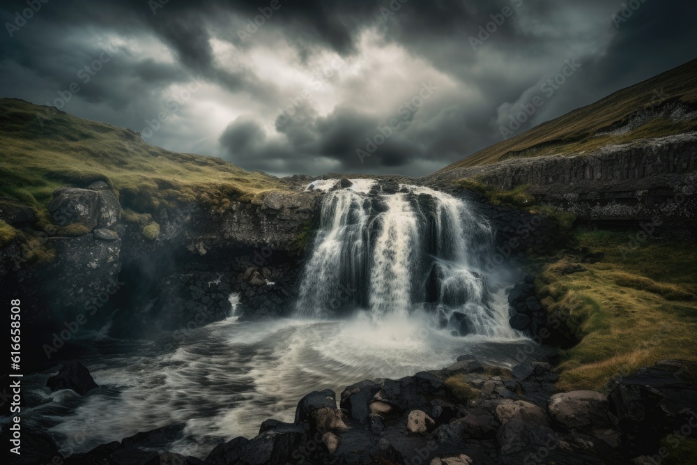 waterfall with dramatic clouds and sky in the background, created with generative ai