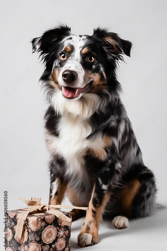 a dog in a birthday hat and gift boxes on a white background in the studio. The concept of the holiday. The image is generated by AI