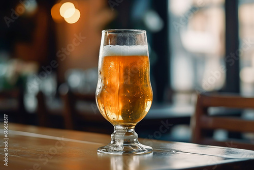 glass of cold beer on a hot day in a cafe. International Beer Day. Generative AI