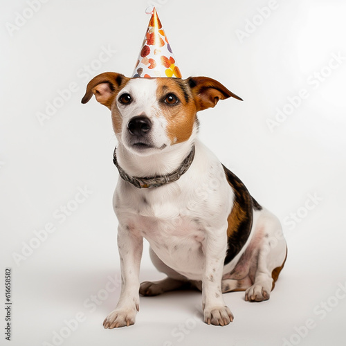 a dog in a birthday hat and gift boxes on a white background in the studio. The concept of the holiday. The image is generated by AI © КРИСТИНА Игумнова