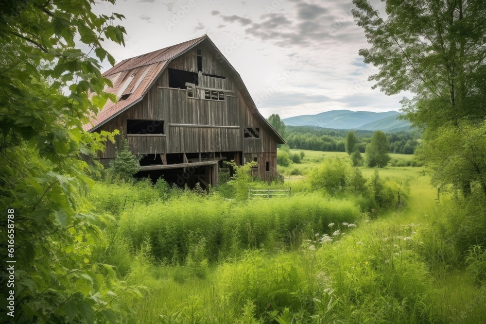 rustic barn, surrounded by lush greenery and wildlife, with view of distant mountain range in the background, created with generative ai