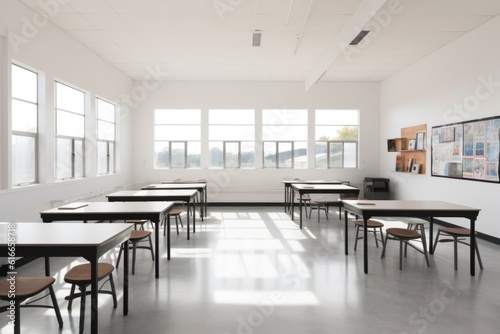 minimalist classroom with clean lines  natural light  and blur of activity in the background  created with generative ai