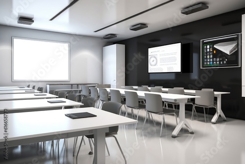 modern classroom, with sleek and minimalist furniture, flat screen monitor to view presentations and project slides, created with generative ai