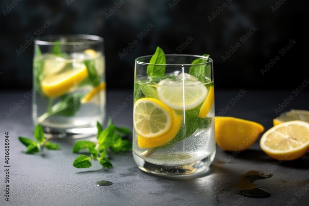 refreshing summer lemonade with sliced lemons and ice cubes, created with generative ai