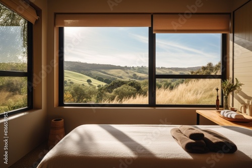 private wellness retreat  with view of endless blue sky and rolling hills  created with generative ai