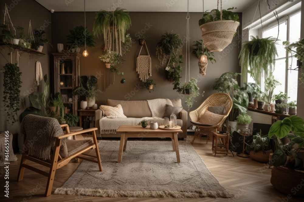 Fototapeta premium a cozy living room with an arrangement of indoor plants and greenery, created with generative ai