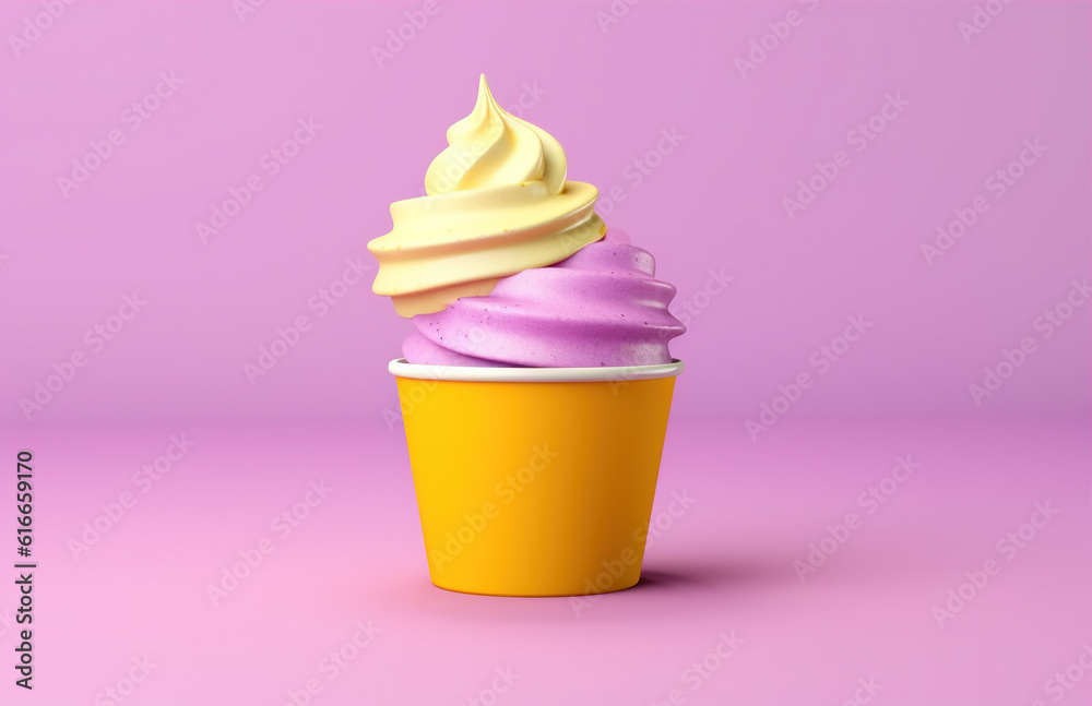 Yellow and pink ice cream in a bright cup. Pink flat background. suitable for advertising Yellow and pink ice cream in a bright cup. Pink flat background. suitable for advertising