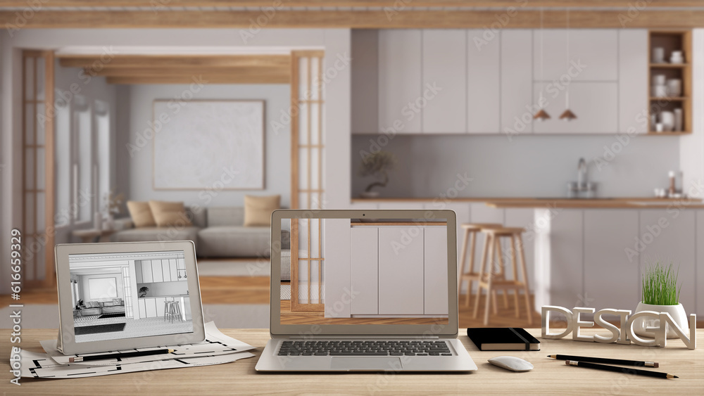 Architect designer desktop concept, laptop and tablet on wooden desk with screen showing interior design project and CAD sketch, japandi kitchen and living room Architect designer desktop concept, laptop and tablet on wooden desk with screen showing interior design project and CAD sketch, japandi kitchen and living room