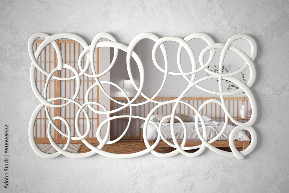 Modern twisted shape mirror hanging on the wall reflecting interior design scene, japandi bedroom with double bed,paper sliding door, architect designer concept idea Modern twisted shape mirror hanging on the wall reflecting interior design scene, japandi bedroom with double bed,paper sliding door, architect designer concept idea