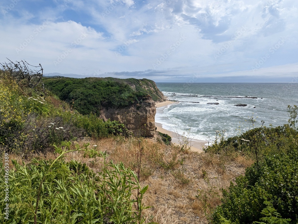 Half Moon Bay coastal cliffside landscape, California coastline, Pacific Ocean view from the cliffs of Half Moon Bay, San Francisco coastline, California cliffed abrasion coast	