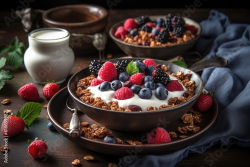 a bowl of freshly picked berries  topped with creamy yogurt and crunchy granola  created with generative ai