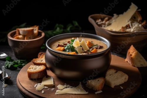 bowl of hearty soup, with croutons and cheese for garnish, created with generative ai