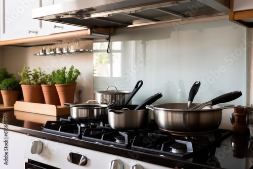 energy-efficient stovetop with smooth glasstop, pots and pans hanging above, created with generative ai