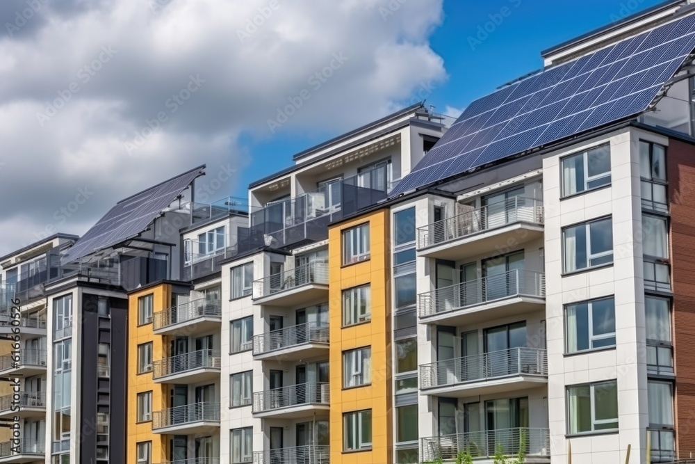 solar panels on the roof of a modern apartment building in the city, created with generative ai