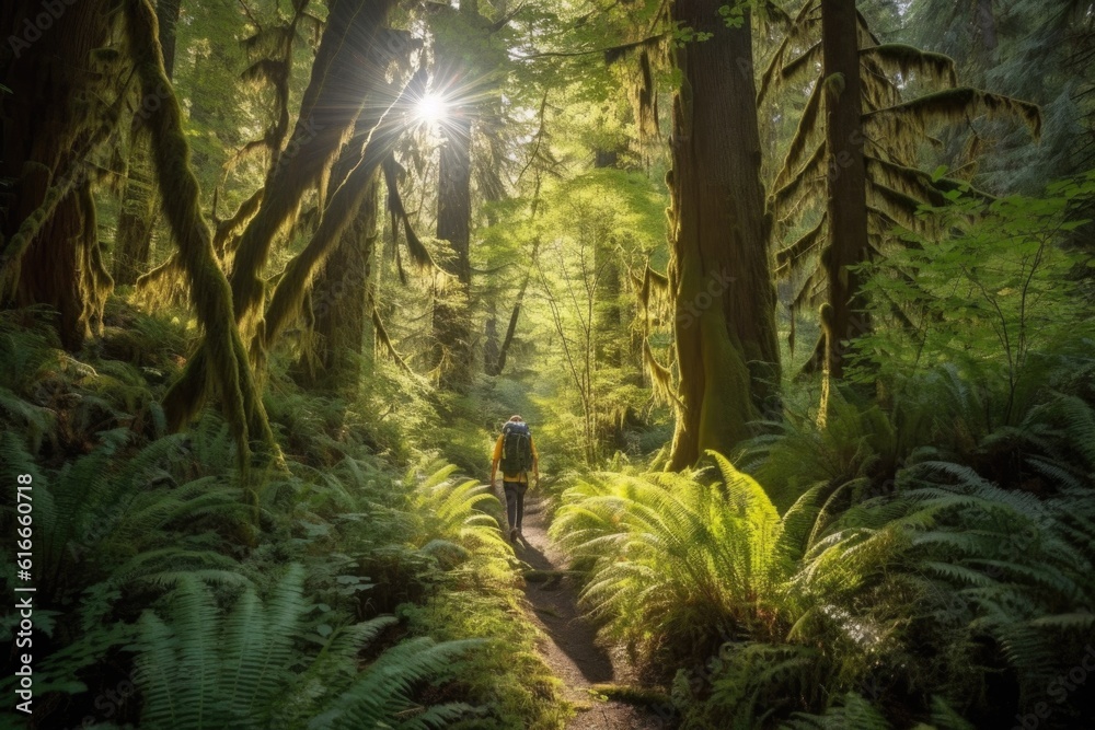 Fototapeta premium hiker, wandering through lush forest, with the sun shining through the trees, created with generative ai