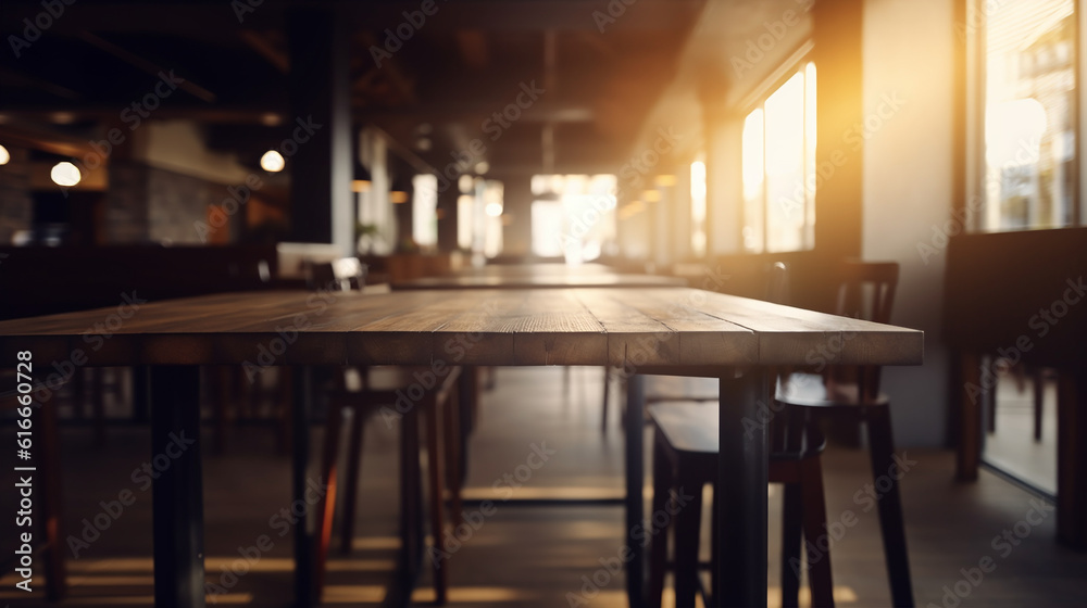 Ai generated empty rustic bar restaurant wooden table space platform with defocused  blurry pub interior sunny weather autumn summer spring warm cozy house with panoramic city windows.