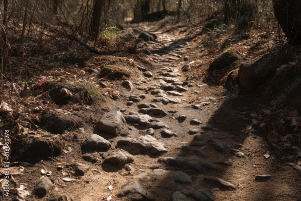 close-up of hiking trail, with individual footsteps visible in the path, created with generative ai close-up of hiking trail, with individual footsteps visible in the path, created with generative ai