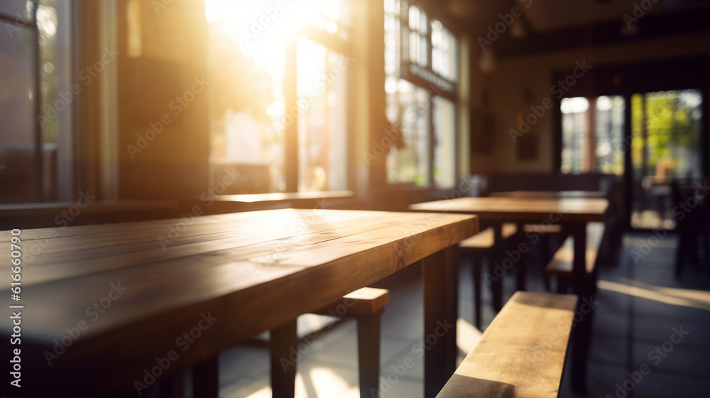 Fototapeta premium Ai generated empty rustic bar restaurant wooden table space platform with defocused blurry pub interior sunny weather autumn summer spring warm cozy house with panoramic city windows.