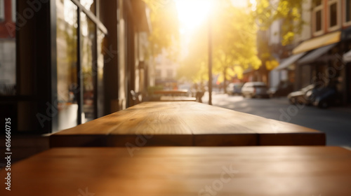 Ai generated empty rustic bar restaurant wooden table space platform with defocused  blurry pub interior sunny weather autumn summer spring warm cozy house with panoramic city windows. © Alina Nikitaeva