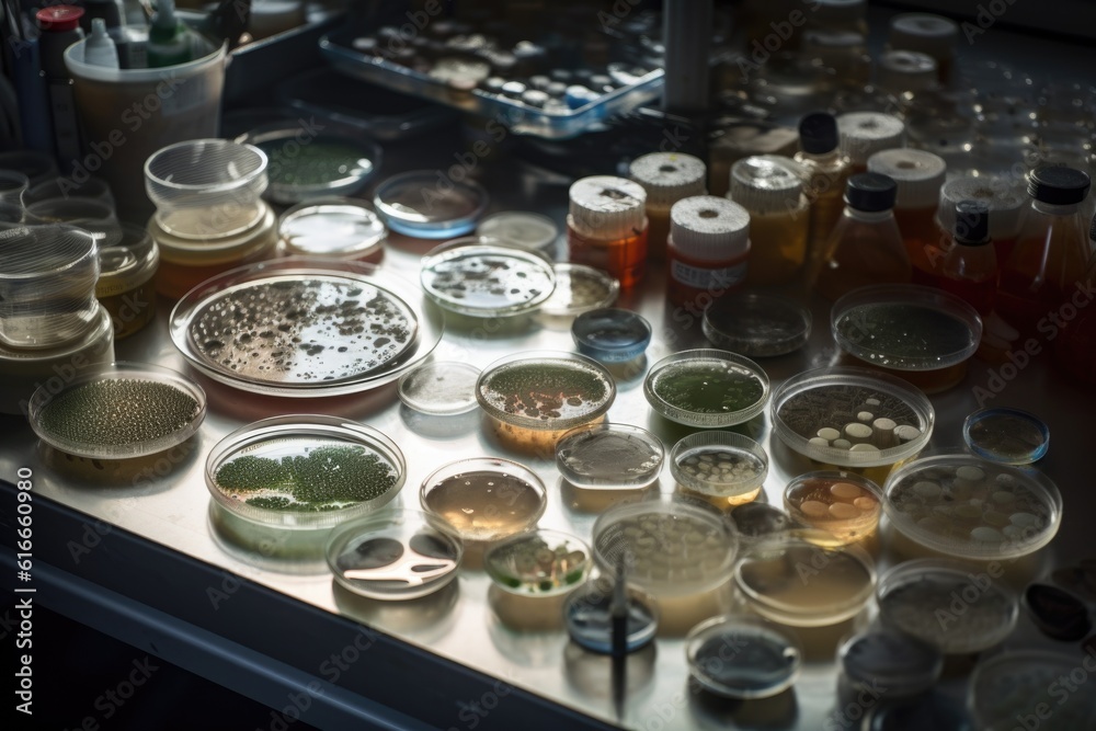 microbial cultures growing on agar plates, with petri dishes and equipment visible, created with generative ai