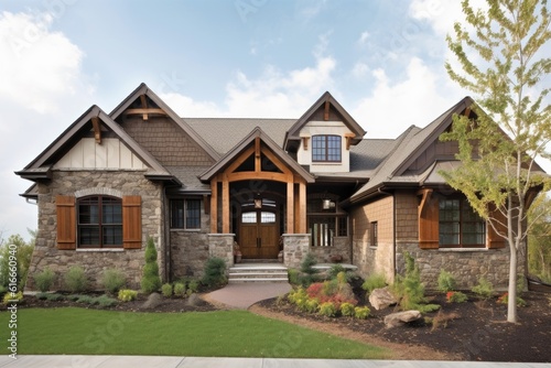 craftsman-style home with distressed wood and stone exterior, created with generative ai