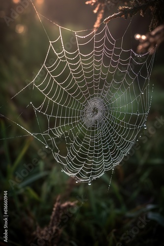 Close-up of a dew-covered spiderweb