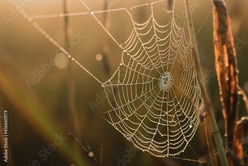 breathtaking macro shot of delicate spider web, with dew drops glistening in the morning light, created with generative ai