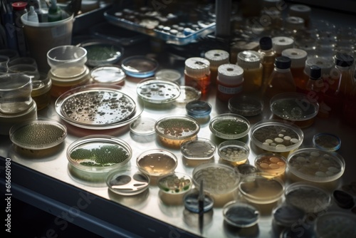 microbial cultures growing on agar plates  with petri dishes and equipment visible  created with generative ai