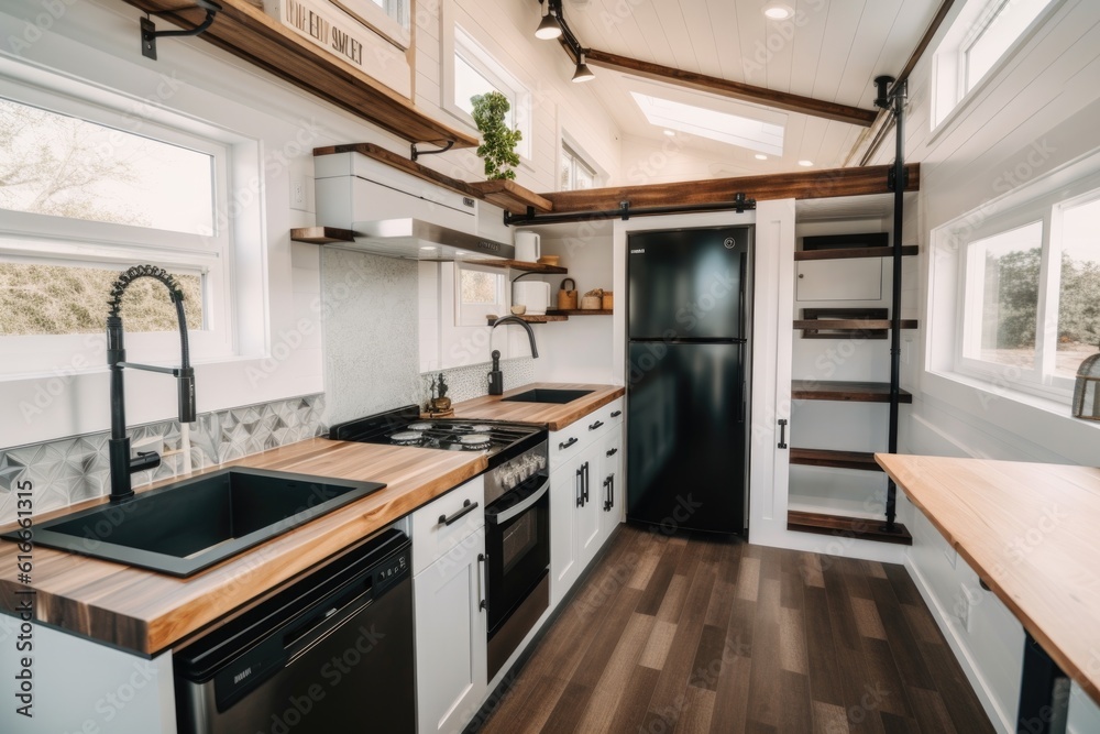 luxury tiny house with modern interior and amenities, including stainless steel appliances and marble countertops, created with generative ai luxury tiny house with modern interior and amenities, including stainless steel appliances and marble countertops, created with generative ai
