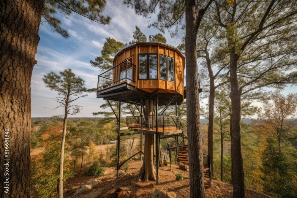 tiny house perched atop towering tree, with a view of the forest below, created with generative ai tiny house perched atop towering tree, with a view of the forest below, created with generative ai