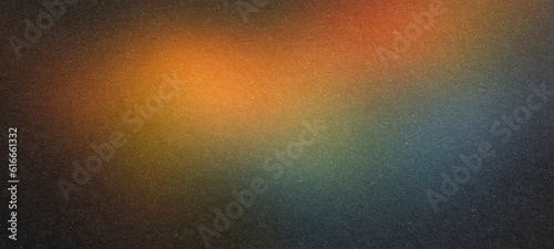 Orange glowing color gradient on black grainy background, noise texture effect, large banner copy space