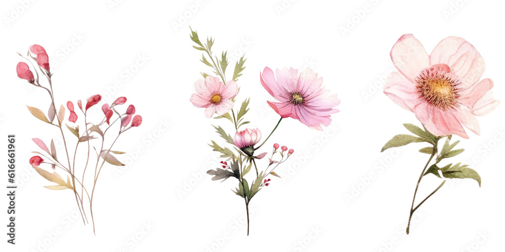 Naklejka premium Beautiful pink florals watercolor elements set.