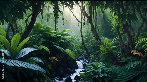 Beautiful tropical waterfall in jungle. 3D rendering. Computer digital drawing. tree  rock  stone  trees  park  travel  natural  rain  spring  fresh  outdoor