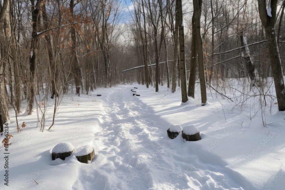 snow-covered trail with markers visible for safe and easy travel, created with generative ai