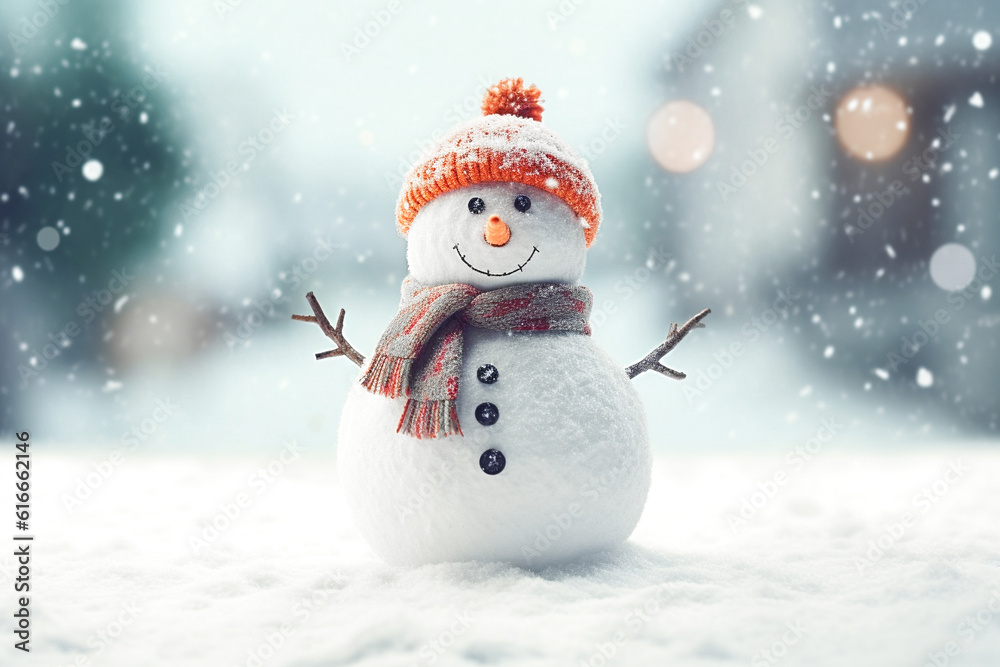 A snowman stands against the backdrop of a winter forest. Christmas card. AI generated