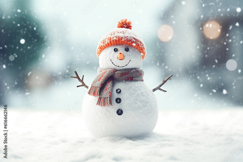 Fototapeta premium A snowman stands against the backdrop of a winter forest. Christmas card. AI generated