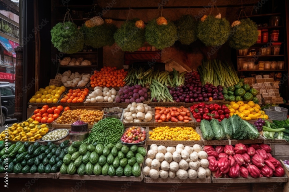 close-up of colorful vegetable stand, with fruits and vegetables displayed in an appealing arrangement, created with generative ai
