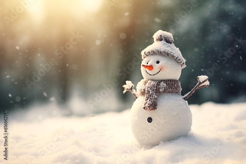 A snowman stands against the backdrop of a winter forest. Copyspace. Christmas card. AI generated