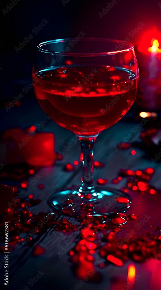 red wine romanic table, candles and rose petals