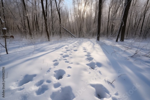 snow-covered forest, with the footprints of animals visible in the pristine white, created with generative ai