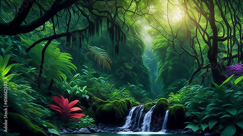 Beautiful tropical waterfall in jungle. 3D rendering. Computer digital drawing. tree, rock, stone, trees, park, travel, natural, rain, spring, fresh, outdoor © Logo Markers