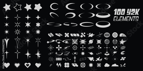 Retro futuristic elements for design. Big collection of abstract graphic geometric symbols and objects in y2k style