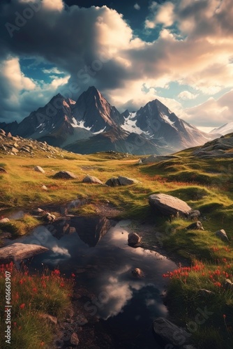 majestic mountain landscape with cloudy sky, created with generative ai